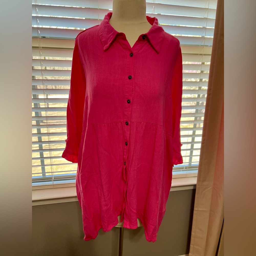 Pink Ruffle Sleeve Button-Up Tunic - 3X - Picture 2 of 7